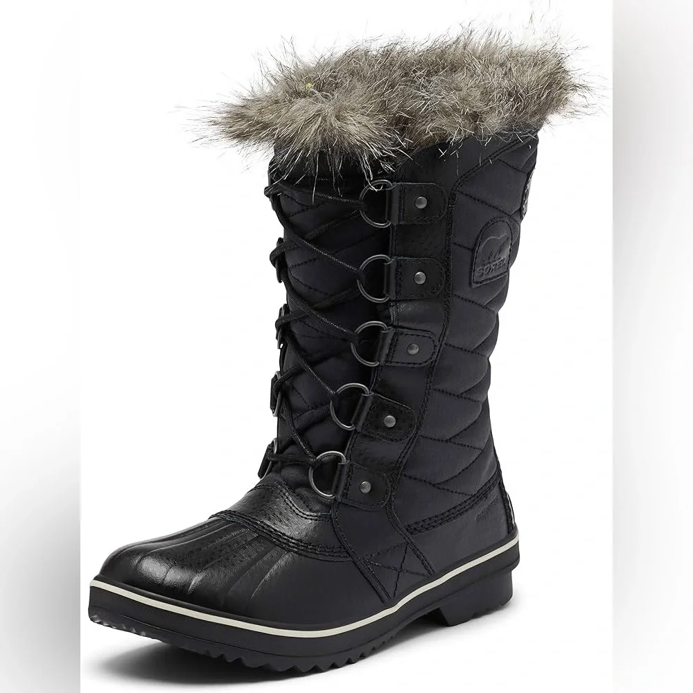 NWOT! Women’s Sorel Tofino II Black Snow/Rain Boots w/Grey Faux Fur Trim Sz 8